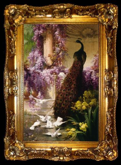 framed  Eugene Bidau A Peacock and Doves in a Garden, ta009-2